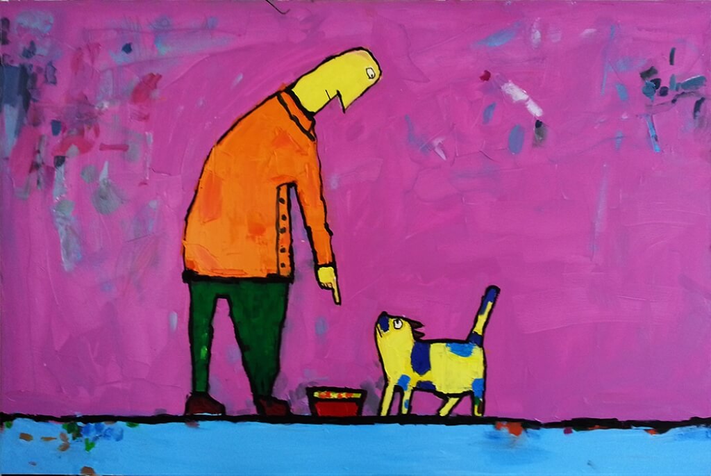 MAN AND CAT #2, 2014, oil on canvas, 100X150