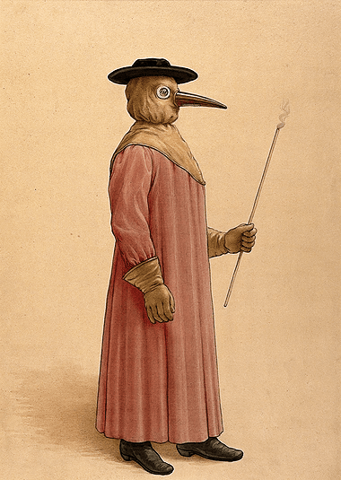 רופא לובש חליפה נגד המגפה של לונדון במאה ה-17